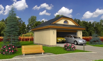Garáž pre 2 autá  so širokými garážovými dvermi, má polvalbovú strechu
